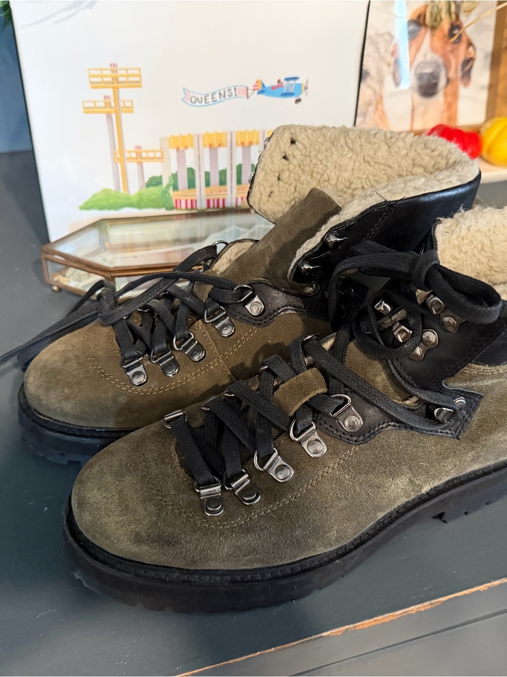 Urban Outfitters Olive Suede Lace-Up Shearling Trim Boots